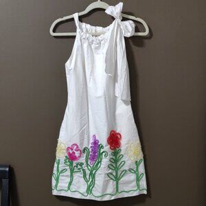 Sara Jane Women's White Sun Dress Shoulder Bow Floral Applique SIZE 0